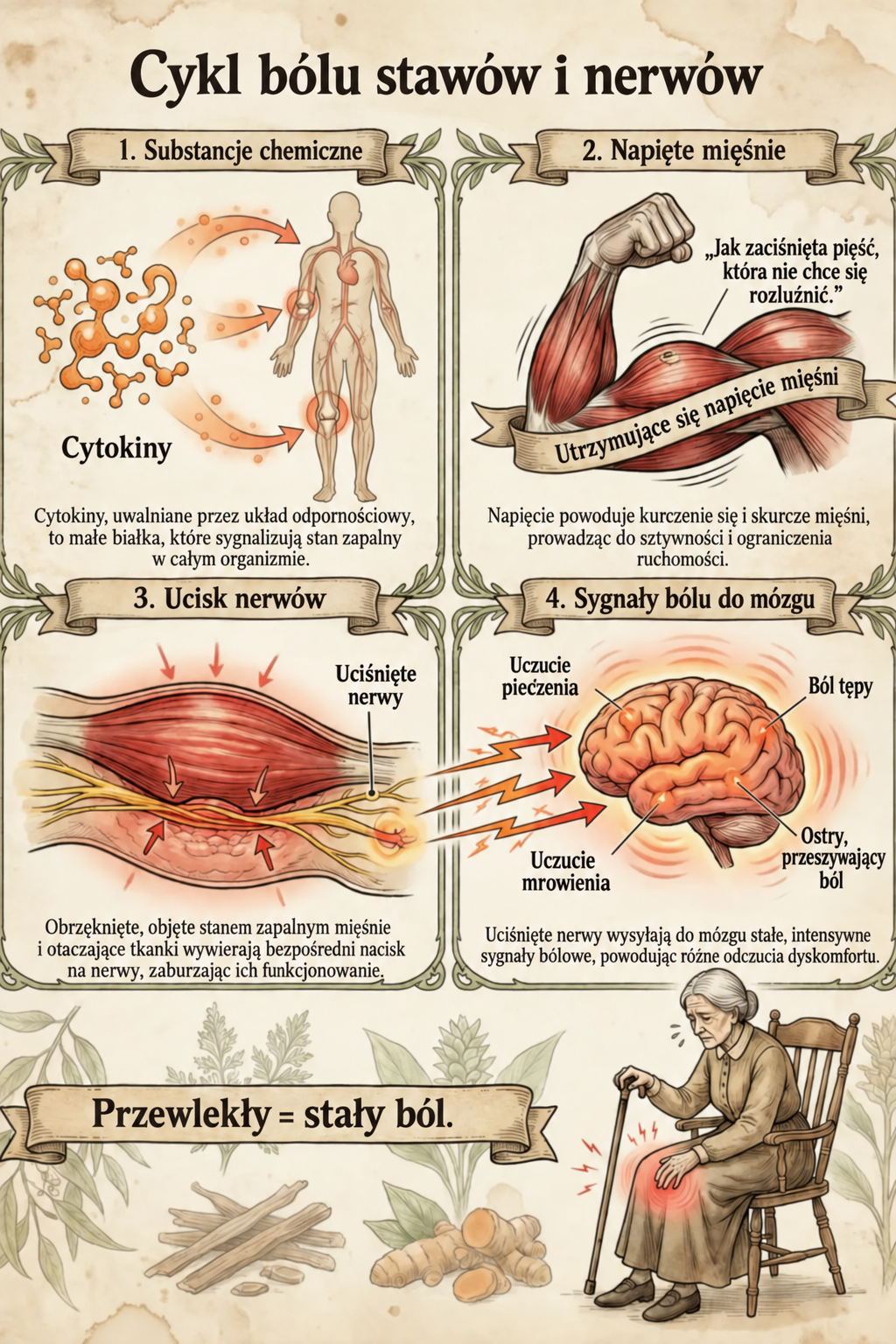 ZDJĘCIE 12 — cykl: stan zapalny → napięcie mięśni → ucisk nerwu → ból
