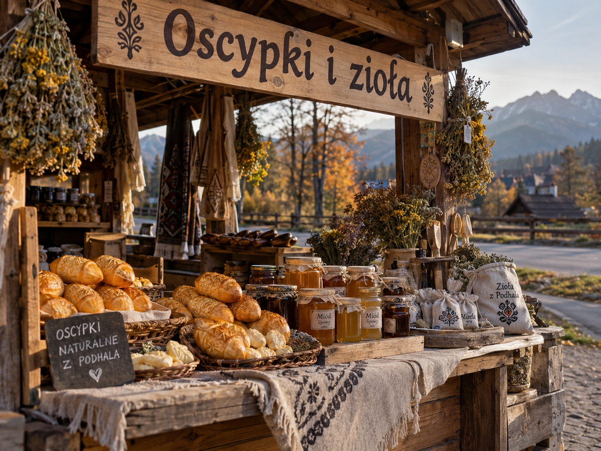 ZDJĘCIE 7 — góralski stragan pod Gubałówką, oscypki, miód i zioła